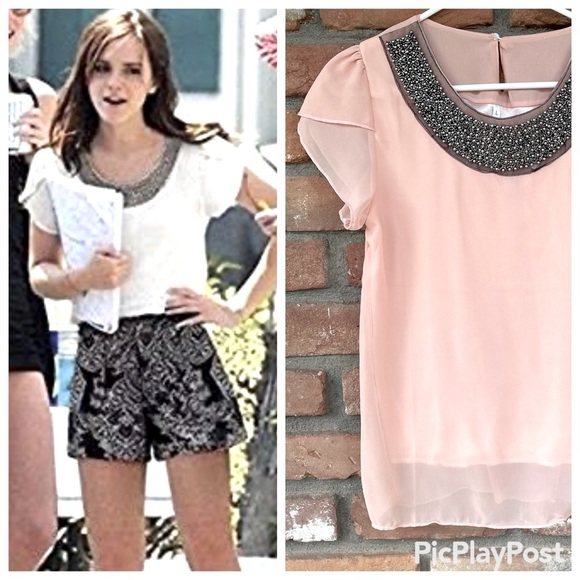 Peach Chiffon Top with Beaded Round Neckline and Crossover Flutter Sleeves - Picture 3 of 11